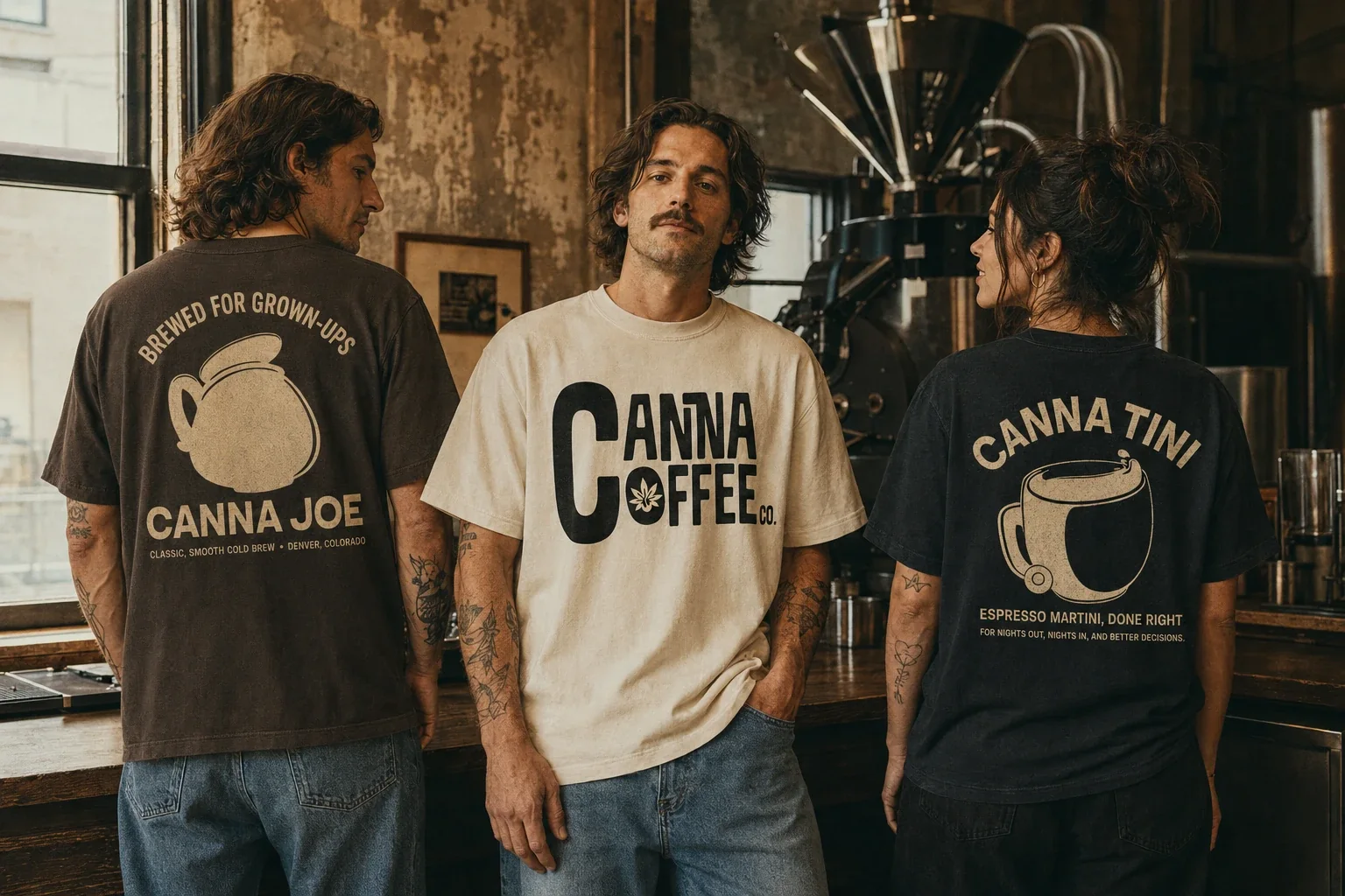 Three people wearing Canna Coffee Co. tees in a coffee roastery