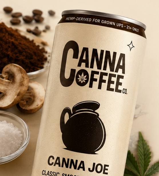 Canna Joe can with coffee beans, grounds, mushrooms and salt