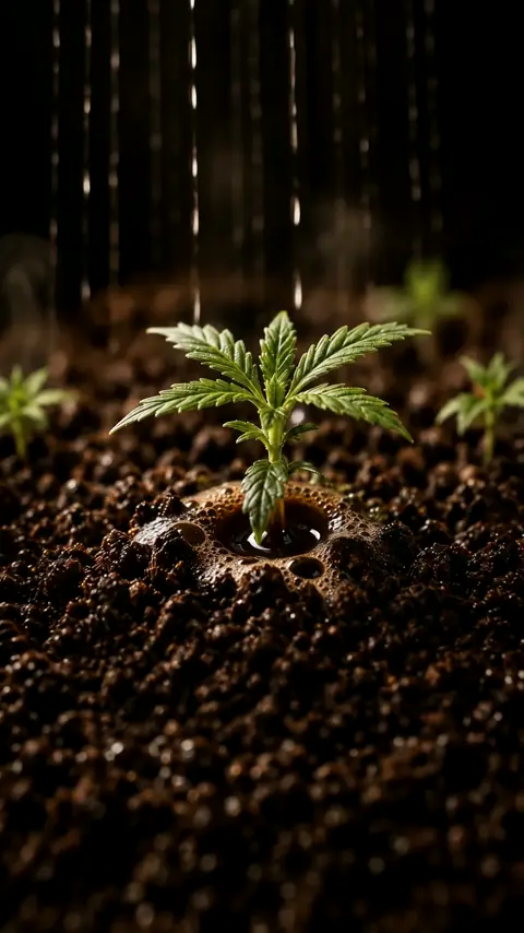 Water raining over young cannabis plants in a bed of coffee grounds