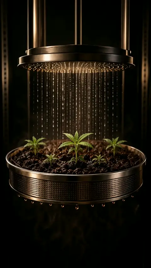 Cannabis seedlings in a bed of coffee grounds as brewed coffee streams through the mesh base of the copper filter basket