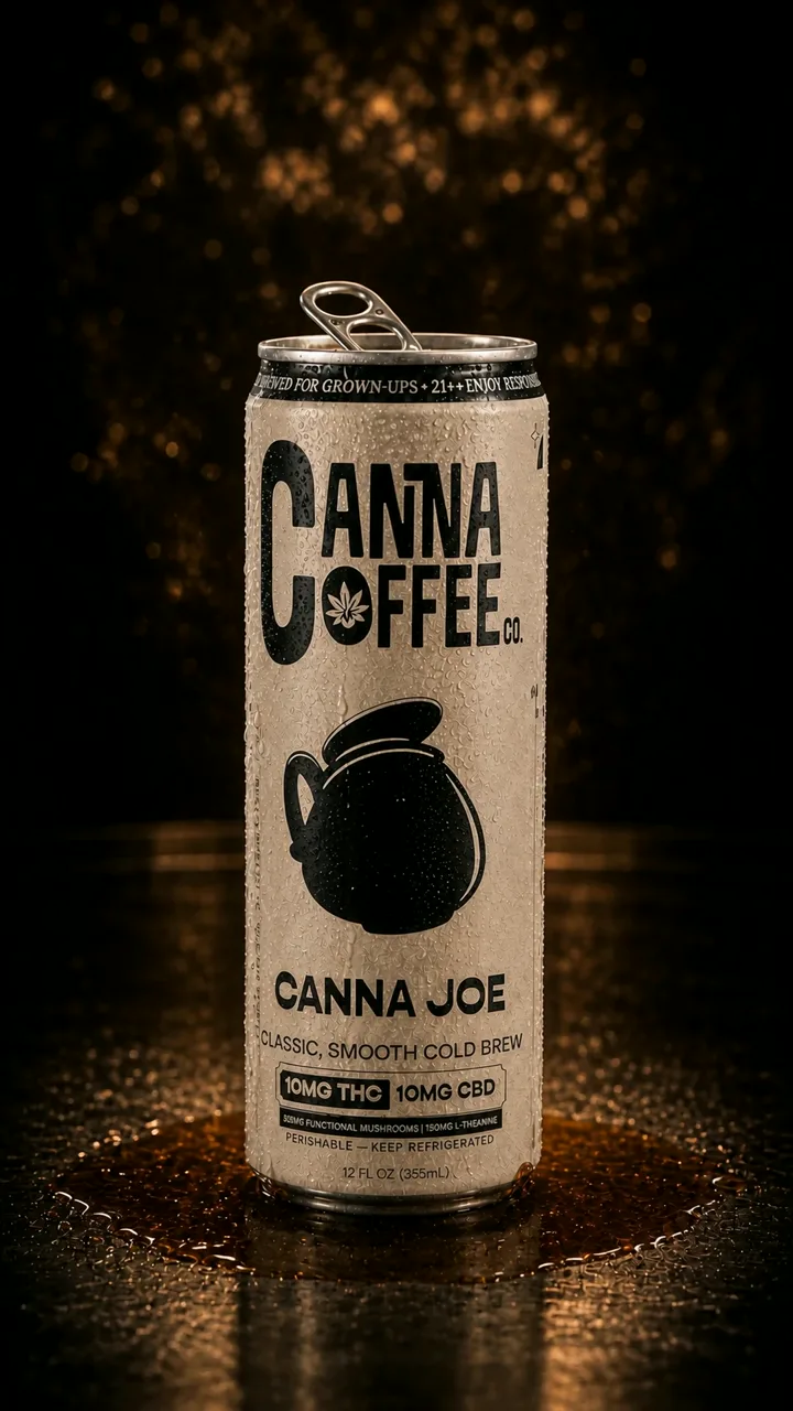 The finished Canna Joe can standing in a pool of cold brew